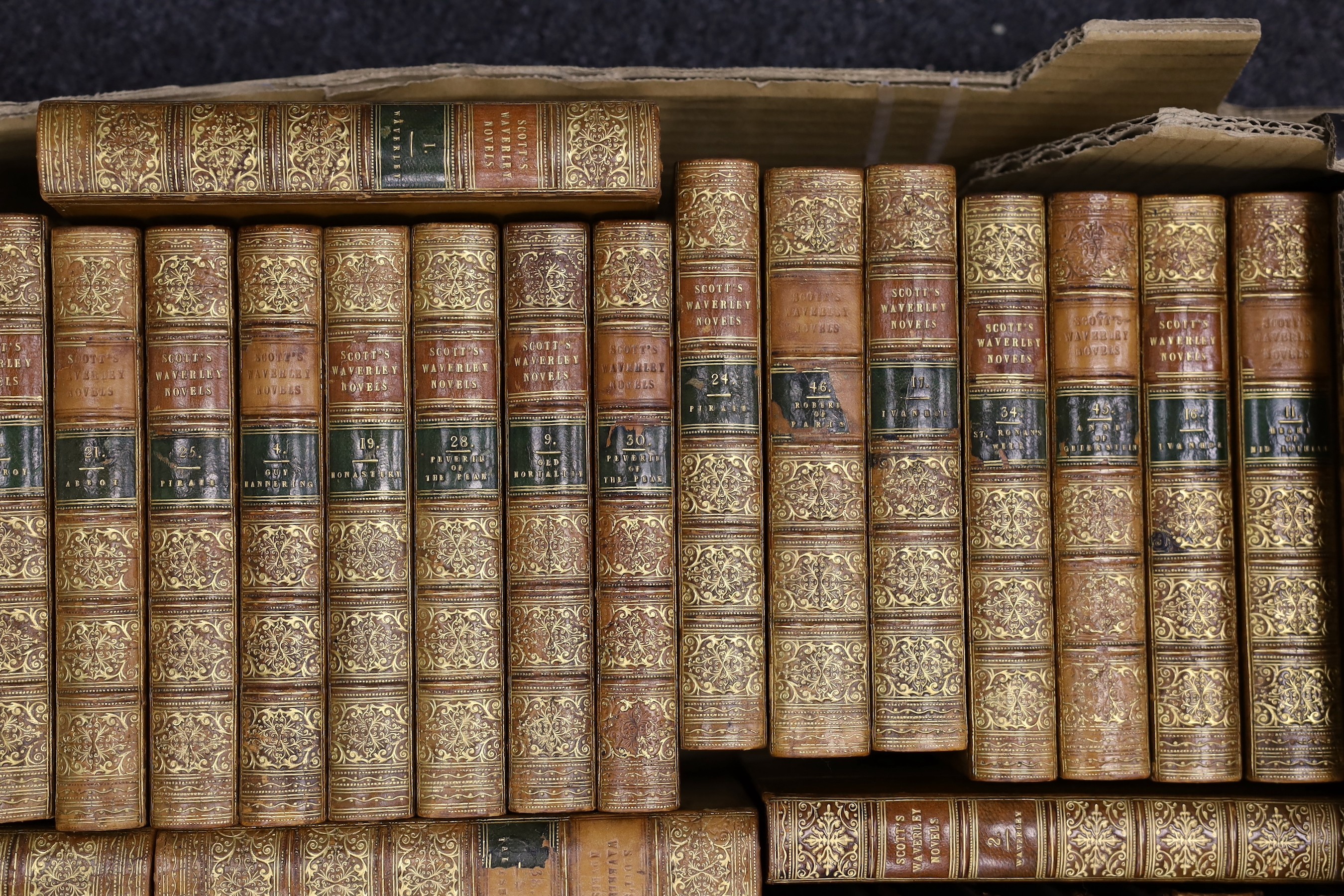 Scott, Walter, Sir - Waverley Novels, 48 vols, 12mo, calf with gilt spines, engraved frontis and title, Robert Cadell, London, 1848.